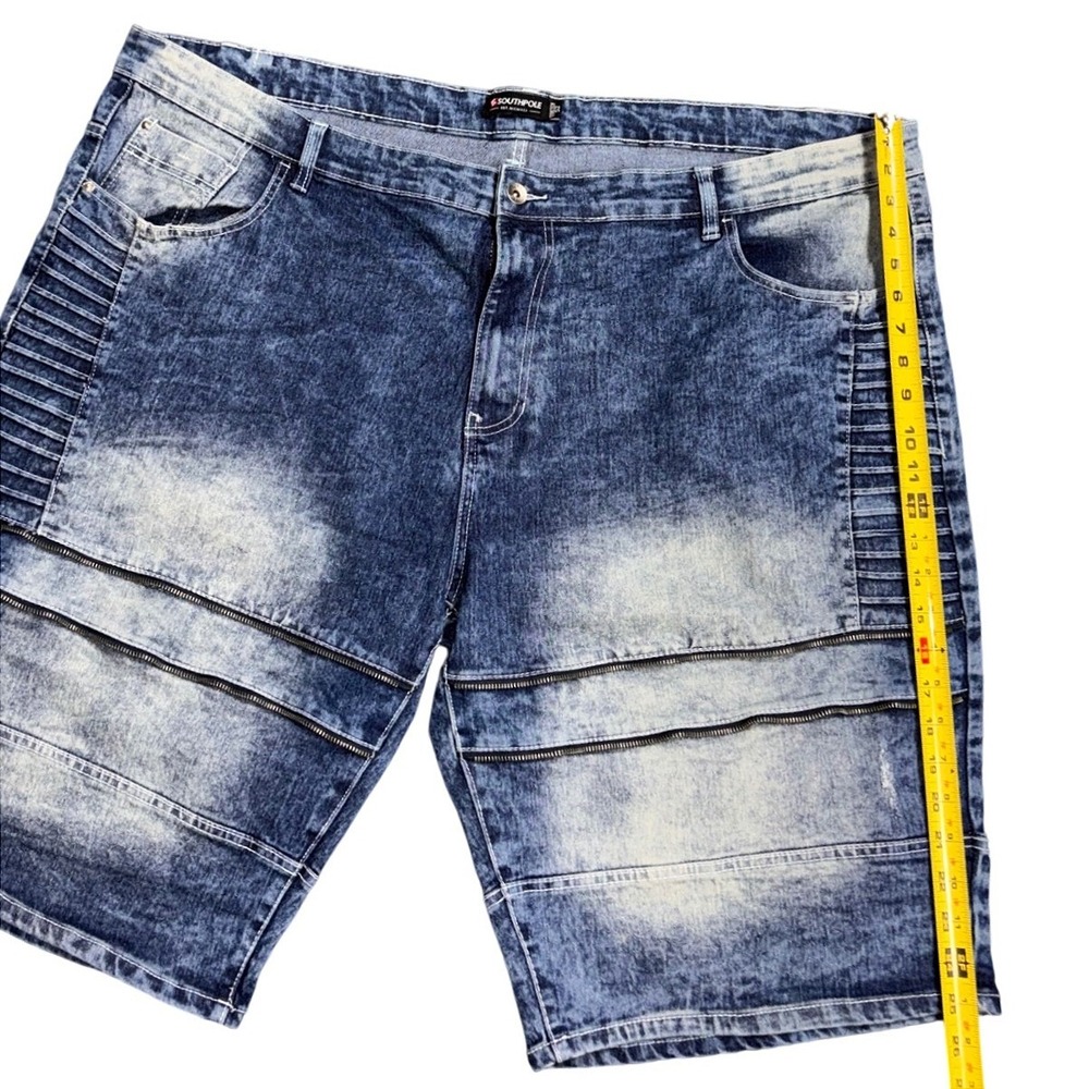 Southpole Mens Blue Acid Wash Biker Denim Shorts Moto Ribbed Zippers Size 52 - Picture 7 of 13